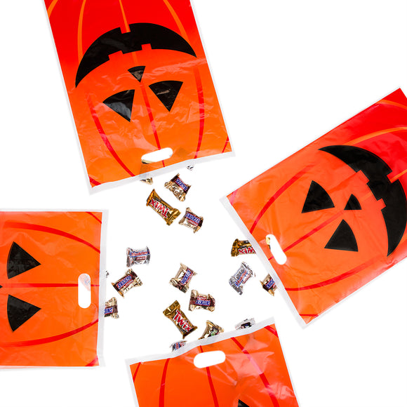 Jack-O-Lantern Orange Pumpkin Face Halloween Trick or Treat Plastic Candy Bags (50 Bags)